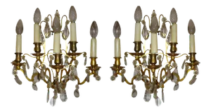19th Century French Brass and Crystal 5 Light Sconces - a Pair