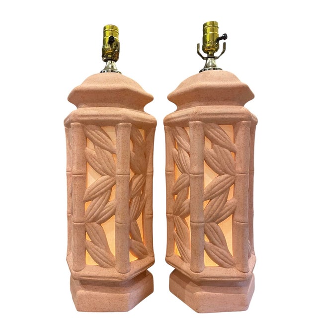 Vintage Sculptural Coral-Toned Faux Bamboo Ceramic Table Lamps, Pair For Sale - Image 4 of 9