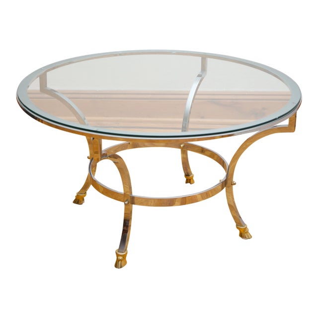 1970s Hollywood Regency Coffee Table With Brass Hoof Feet & Glass Top For Sale