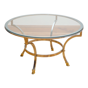 1970s Hollywood Regency Coffee Table With Brass Hoof Feet & Glass Top