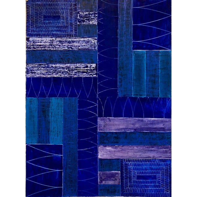 Paint Joan Kahn, Joan Kahn Indigo Denim Blue Color Abstract Expressionist Modernist Oil Painting, c.1980's For Sale - Image 7 of 14