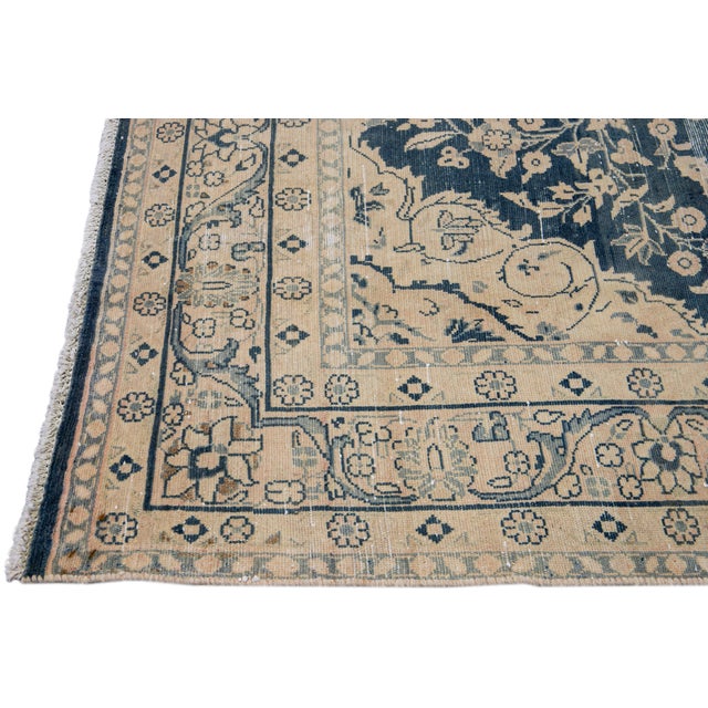 Textile Vintage Persian Handmade Wool Rug in Blue With Rosette Motif For Sale - Image 7 of 10