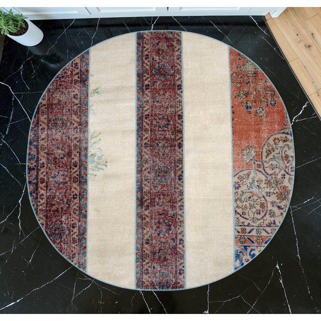 Mid-Century Modern Hand Knotted Circular Turkish Rug, Neutral Ivory & Rust Boho Floor Decor Area Rug - 4'10" Diameter For Sale - Image 3 of 11