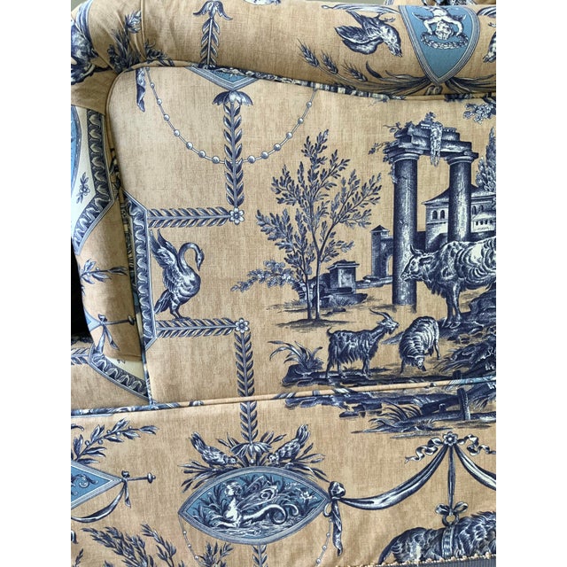 2020s Custom Pierre Frey Braquenié Beige & Blue Toile Club Chair With Manuel Canovas Trim For Sale - Image 5 of 11