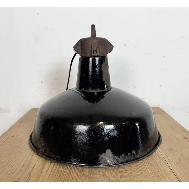 Industrial Black Enamel Factory Lamp with Cast Iron Top from Elektrosvit, 1950s For Sale - Image 16 of 18