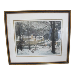 Signed Luigi Kasimir Signed Framed Lilienfeld Monastery in Snow Color Etching