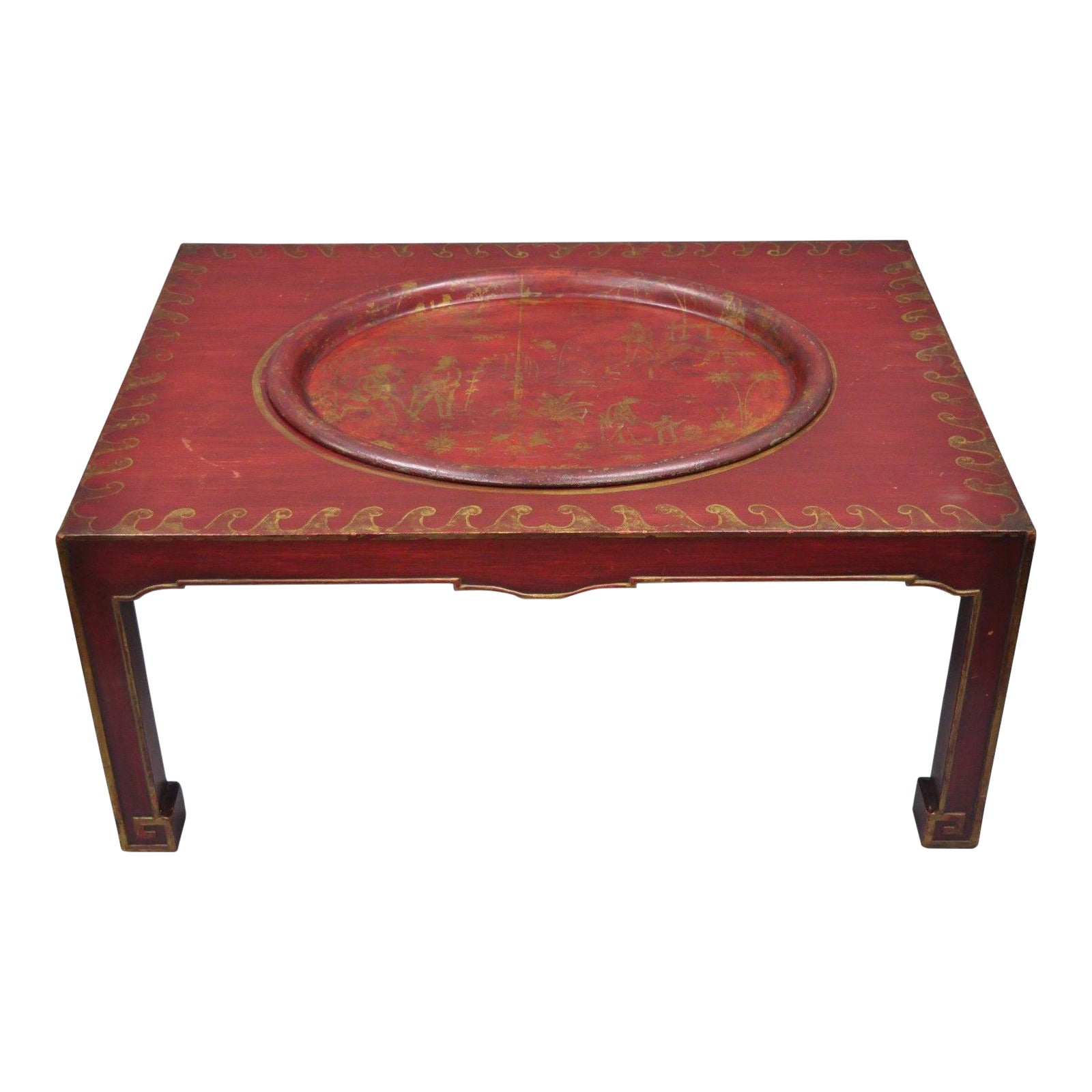 Vintage Red Chinoiserie Oriental Coffee Table With Tray Chairish
