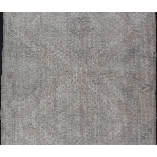 Embroidered vintage flat weave rug from Turkey in shades of tan, taupe, grey cream and neutrals with geometric pattern,...