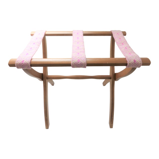 Vintage Scheibe Folding Wood Luggage Rack Pink Tapestry Straps Chairish