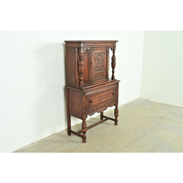 Berkey & Gay Berkey & Gay Style Antique English Jacobean Carved Oak Bar Cabinet, Circa 1920s For Sale - Image 4 of 16