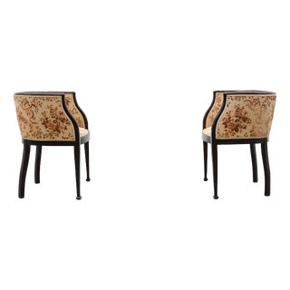 Antique Ebonised Tub Armchairs with Floral Upholstery, France, 1890s, Set of 2 For Sale