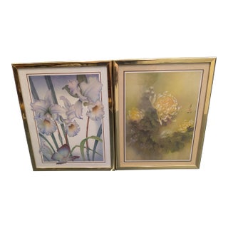 Vintage Mid-Century Pastel Florals & Brass Gallery Framed Art Prints — A Pair For Sale