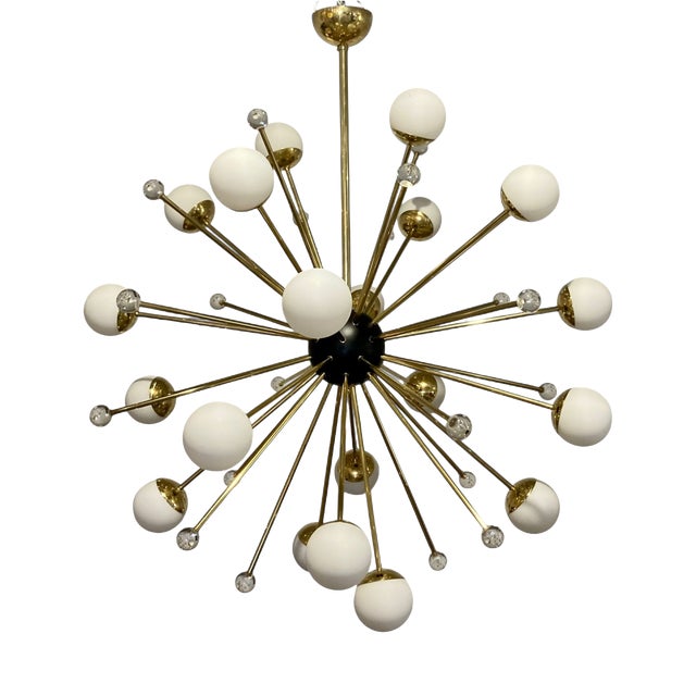 Sputnik Chandelier with White and Transparent Murano Glass Spheres, 1950s For Sale