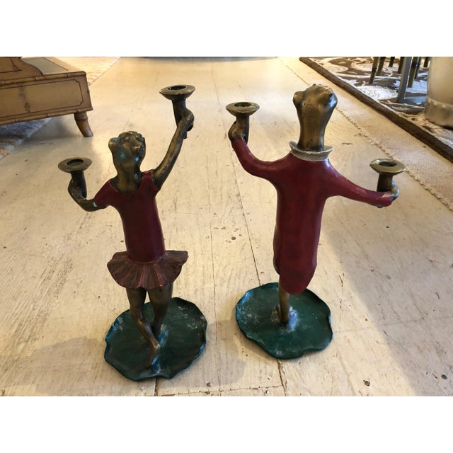 1950s Vintage Painted Bronze Frog Candleholders - a Pair For Sale - Image 10 of 11