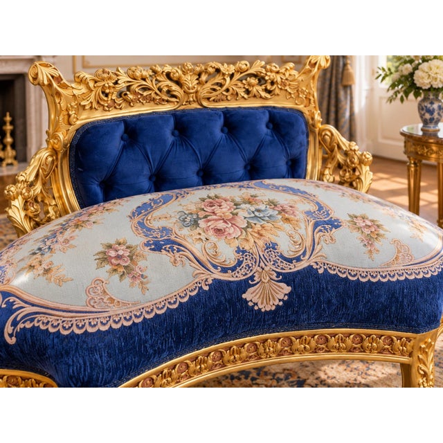 1980s French Artisan Louis XVI Blue Beech Settee For Sale - Image 6 of 10