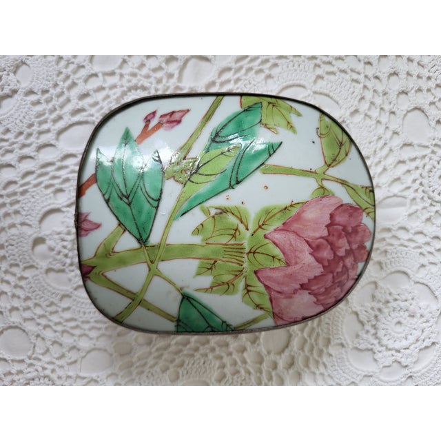 Pink Pink and Green Floral Porcelain Metal Box For Sale - Image 8 of 9