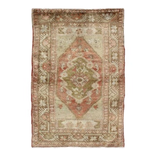 Vintage Turkish Oushak Rug With Soft Sage, Coral, and Faded Ivory Tones 3′1″ × 4′10″ For Sale