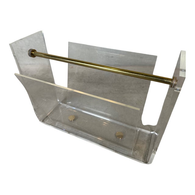 Vintage Acrylic and Brass Magazine Holder For Sale