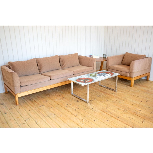 Mid-Century Modernist Sofa and Armchair in Blonde Maple and Upholstery attributed to Terence Conran, 1970s, Set of 2 For Sale - Image 4 of 18