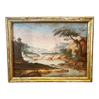 French Landscape Watercolor in Gilt Frame For Sale