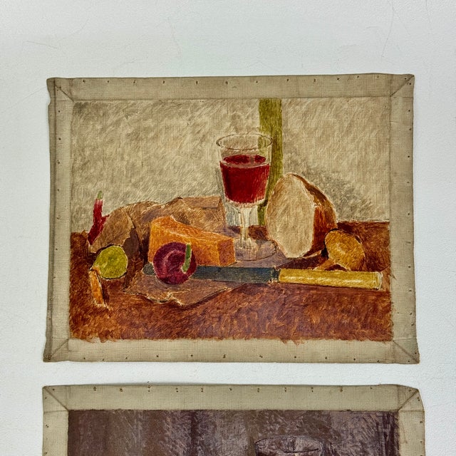 American Early 20th Century Stupendous Set of 2 Vintage Unstretched Oil/Canvas Still Life's of Fruit Bread & Wine For Sale - Image 3 of 9
