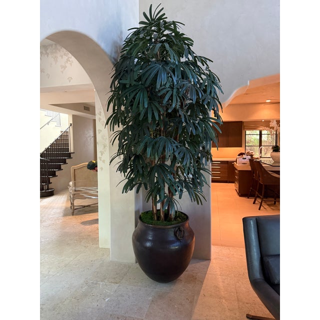 Transitional Pair of 10-Foot Faux Raffia Palm Trees For Sale - Image 3 of 5