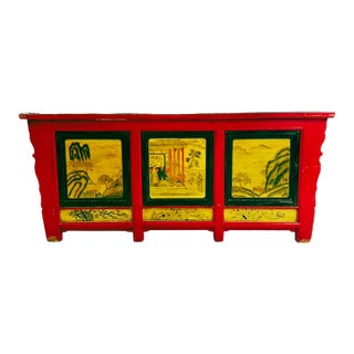 Late 19th Century Hand Painted Converted Desk Red Gansu Sideboard Cabinet Grain Bin For Sale