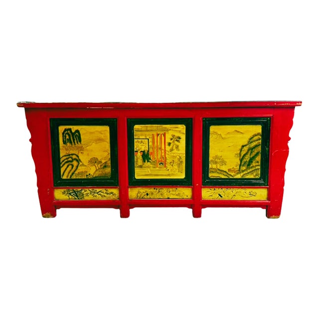 Late 19th Century Hand Painted Converted Desk Red Gansu Sideboard Cabinet Grain Bin For Sale