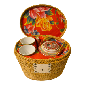 Early 20th Century Chinoiserie Traveling Mun Shou Porcelain Tea Set & Padded Warmer Picnic Basket- 4 Pieces