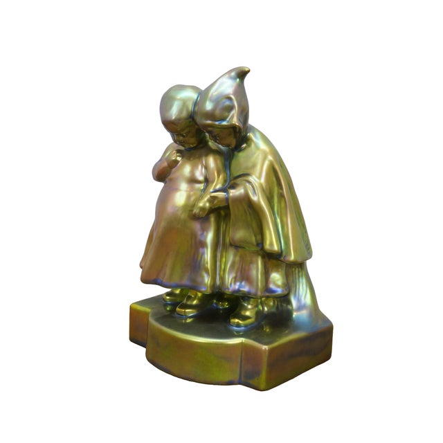 Art Nouveau 1906 Antique Art Nouveau Zsolnay Pécs Hungary Eosin Glazed Children Figure 10" For Sale - Image 3 of 14