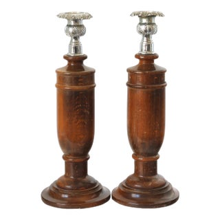Antique Tiger Grain Oak Candlesticks W/ Fancy Tops, a Pair For Sale