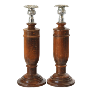 Antique Tiger Grain Oak Candlesticks W/ Fancy Tops, a Pair