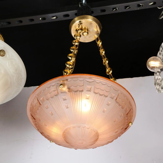 Art Deco Cubist Style Pendant Chandelier in Frosted Rose With Brass Fittings For Sale - Image 4 of 12