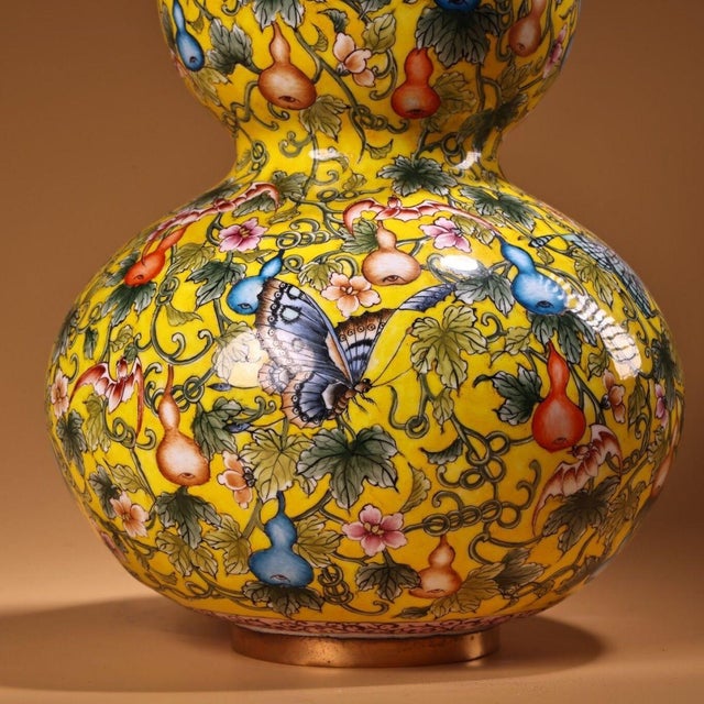 Late 20th Century Pair of Gilt Bronze Cloisonné Enamel Double-Gourd Vases With Butterfly and Gourd Motif For Sale In Los Angeles - Image 6 of 10