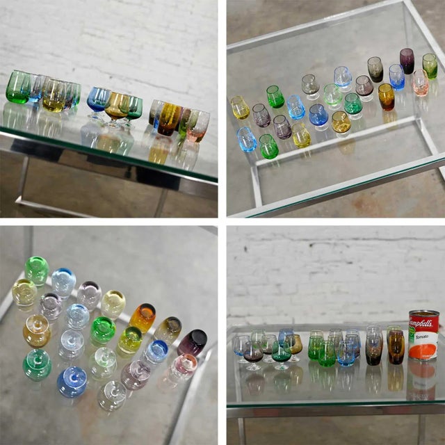 Vintage Set of 21 Blown Glass Multi Color Small Cocktail Snifters Cordials or Shot Glasses 3 Sizes For Sale - Image 4 of 13