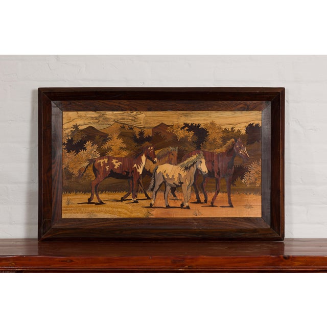 Mid-Century Modern Vintage Inlaid Wood Framed Painting Depicting Four Horses in a Landscape For Sale - Image 3 of 12