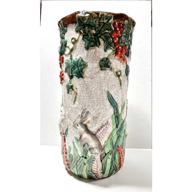 Rustic European Antique Majolica Umbrella Stand With Rabbits & Grapevine – Victorian Relief Pottery Floor Vase For Sale - Image 3 of 7