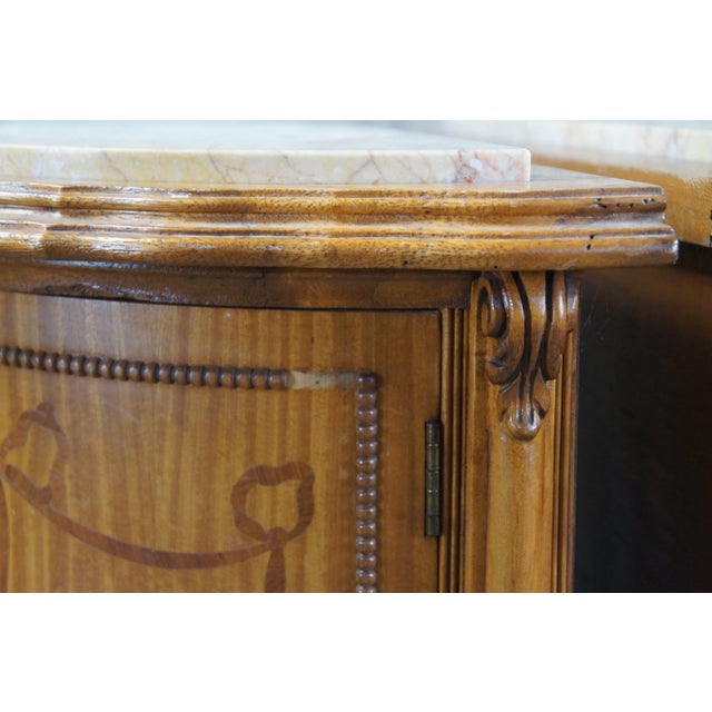 Late 19th Century Antique French Neoclassical Demilune Satinwood Marble Cabinet Side Tables - Set of 2 For Sale - Image 11 of 13