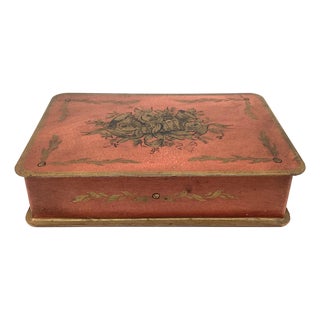 Vintage Red and Gold French Toleware Hinged Metal Box For Sale