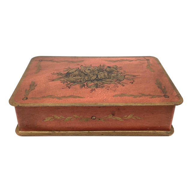 Vintage Red and Gold French Toleware Hinged Metal Box For Sale