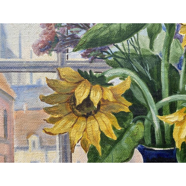 F. Augustinus, Still Life of Sunflowers in Vase Next to Window, 1947, Oil on Canvas, Framed For Sale - Image 4 of 17