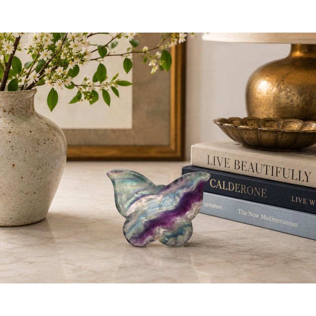 Modern Pair Natural Fluorite Butterfly Dishes Gemstone Rock Crystal For Sale - Image 3 of 15