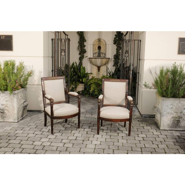 English 19th Century Empire Revival Upholstered Armchairs with Palmettes For Sale - Image 4 of 10