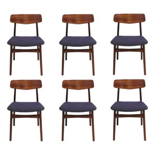 Mid 20th Century Set of Six Mid-Century Danish Teak Dining Chairs in Purple Wool Textile For Sale