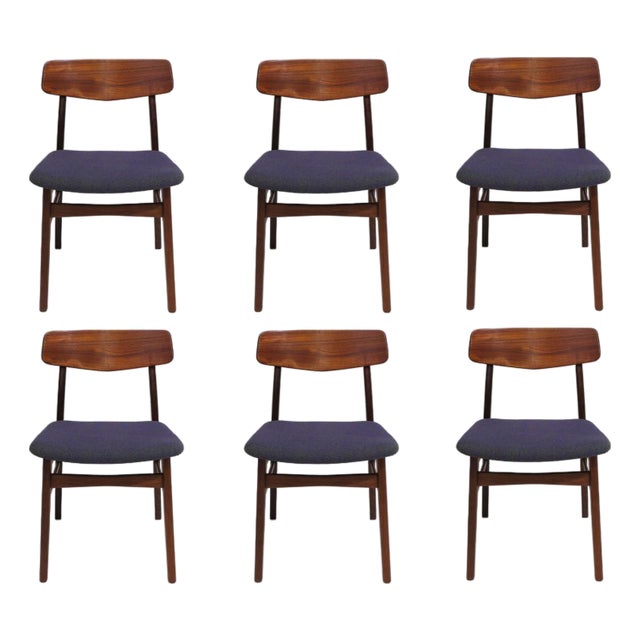 Mid 20th Century Set of Six Mid-Century Danish Teak Dining Chairs in Purple Wool Textile For Sale