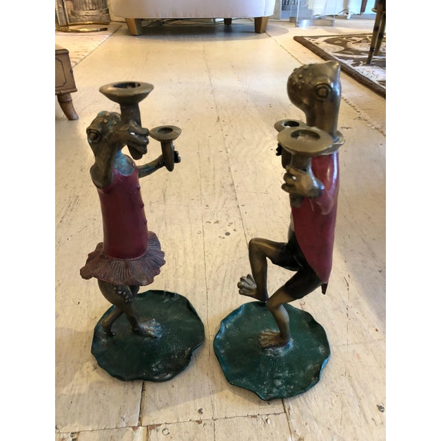 Metal 1950s Vintage Painted Bronze Frog Candleholders - a Pair For Sale - Image 7 of 11