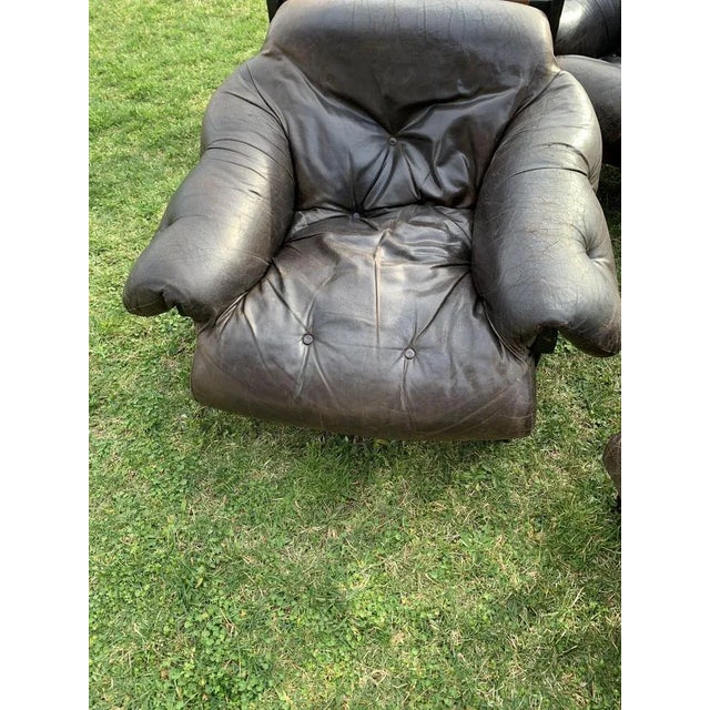 Mid-Century Modern Mid-Century Brown Tufted Leather Armchairs & Ottoman in the style of Percival Lafer, 1960s, Set of 3 For Sale - Image 3 of 11