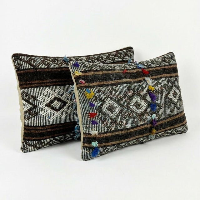 Mid-Century Modern Striped Kilim Lumbar Pillow Cover 15'' X 24'' - Set of Two For Sale - Image 3 of 4
