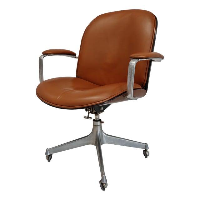 MiM Executive Chair in Natural Cognac Leather and Wood, 1970s For Sale