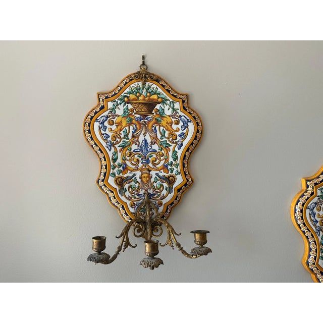 Gien Early 20th Century Gien Faience Pottery Wall Sconce Pair: Majolica Floral, Dolphin Motif - a Pair For Sale - Image 4 of 10